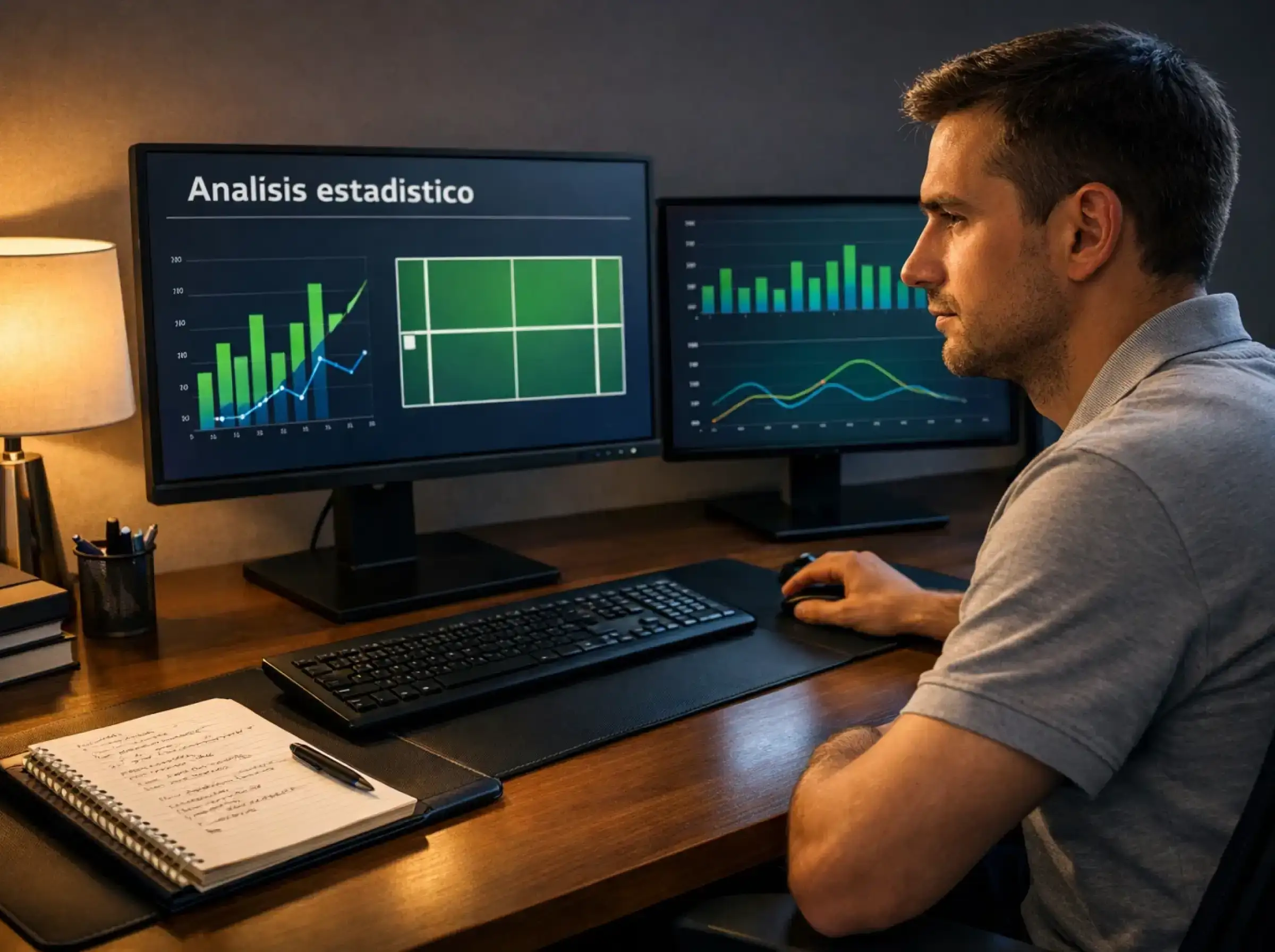 Analista revisando estadísticas de partidos de tenis ATP en pantalla