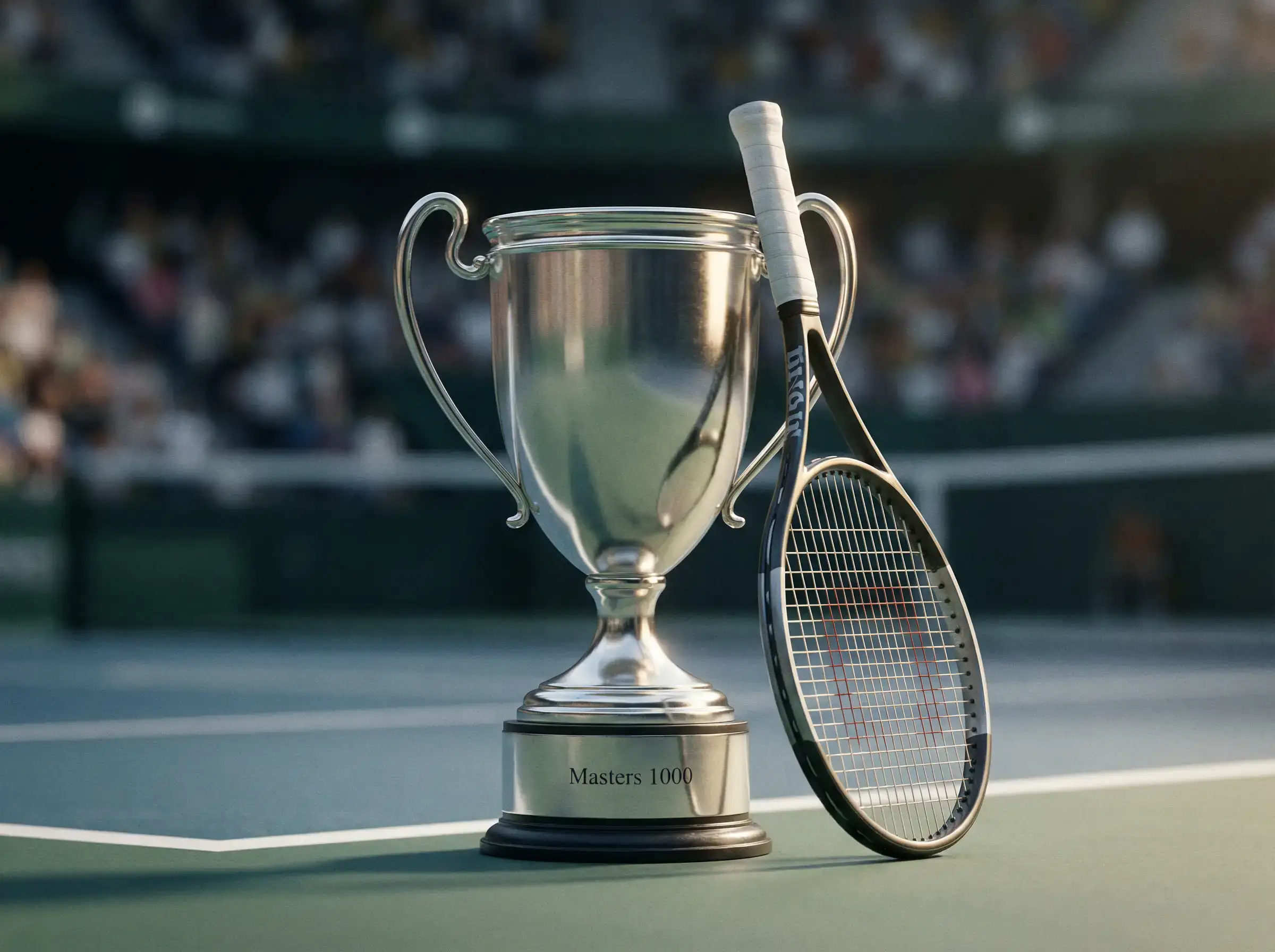 Trofeo de torneo Masters 1000 junto a raqueta de tenis profesional