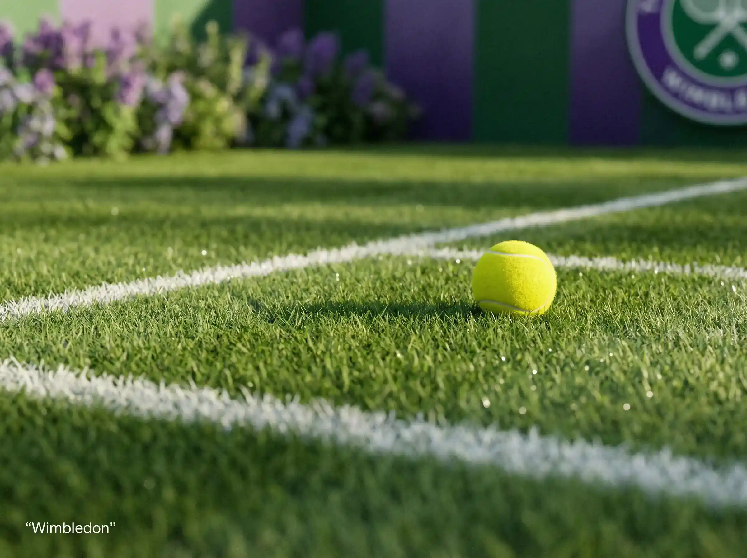 Pista de hierba de Wimbledon con raqueta y pelota de tenis