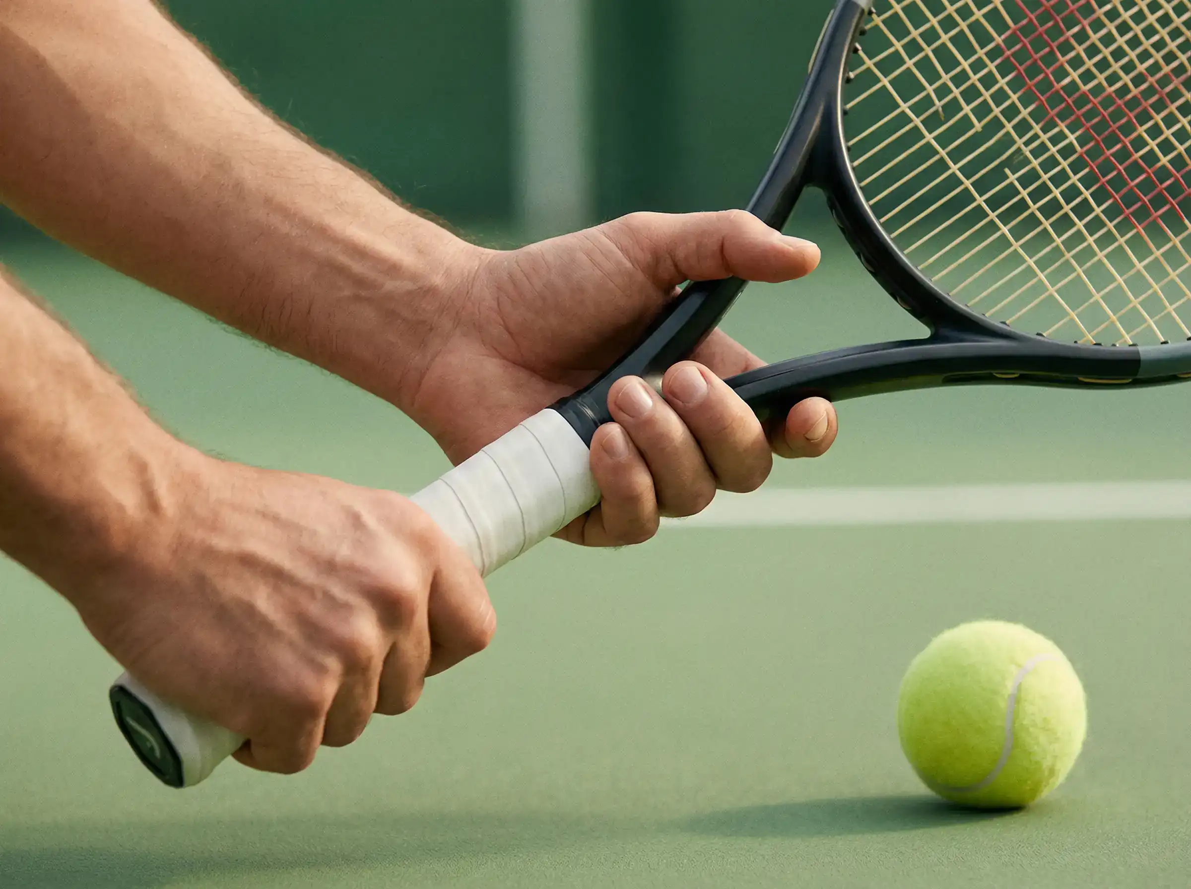 Manos sosteniendo raqueta de tenis con gesto de control y equilibrio